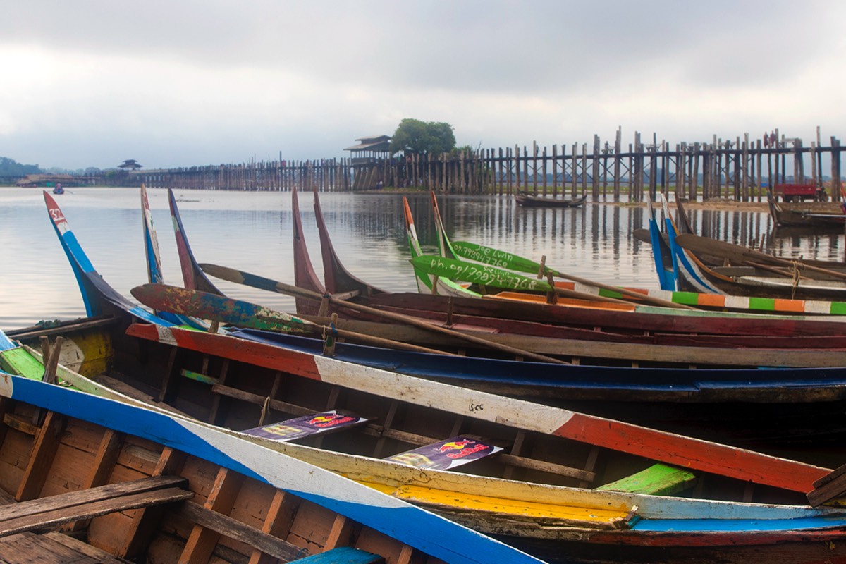 Boats at U Bien Bridge, Myanmar
