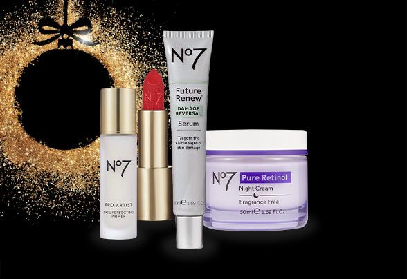 Number 7 products in front of a black star surrouded by gold glitter